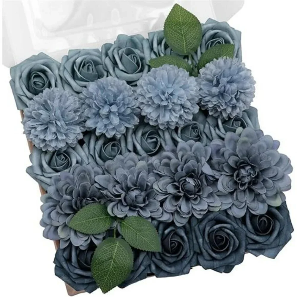 Dusty Blue Artificial Roses Combo Box Fake Flowers for Wedding Bouquets Centerpi